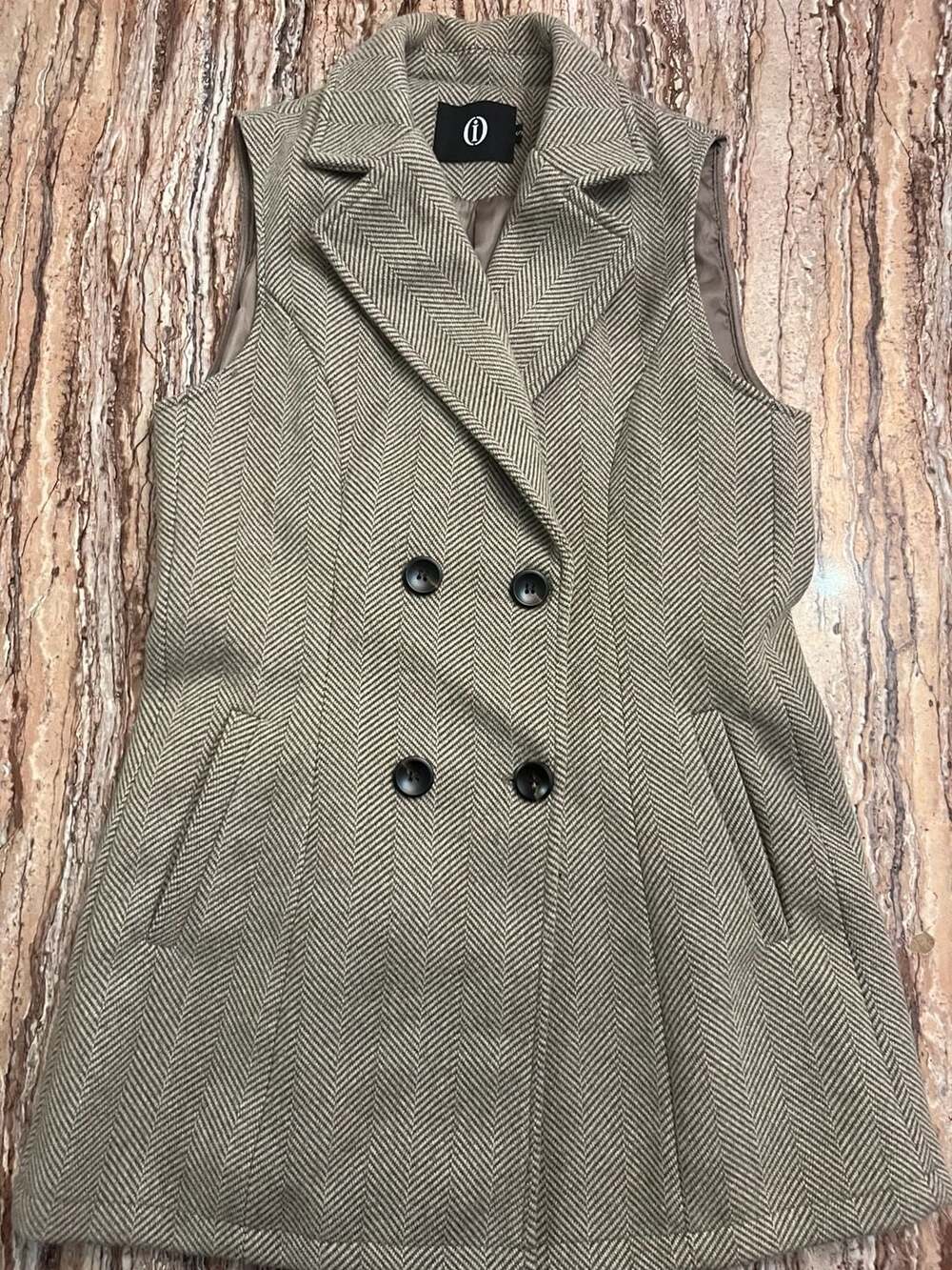 i-Brand Sleeveless Herringbone Double Breasted Longline Tailored Vest